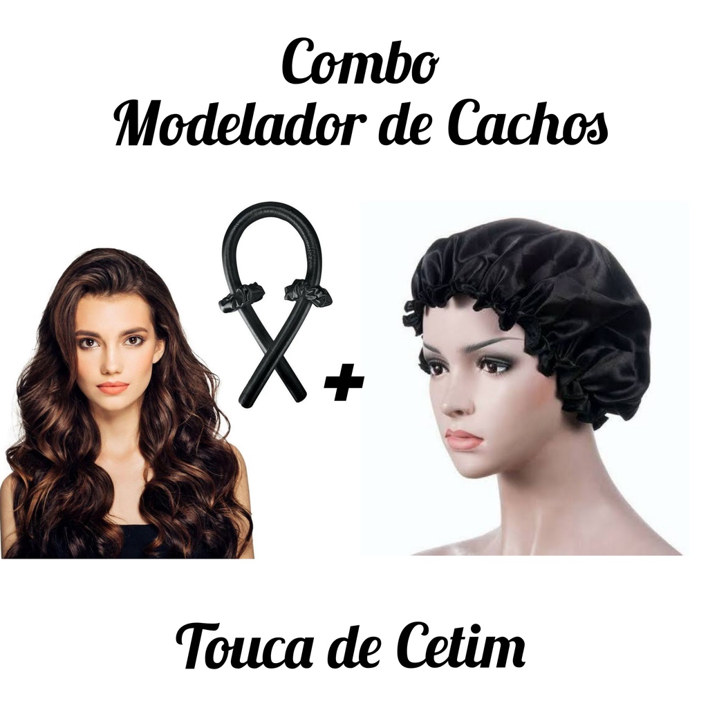 Combo Modelador de Cachos Curling Rod em Cetim Sem Fonte de Calor + Touca de Cetim Dupla Face- PRETO n04