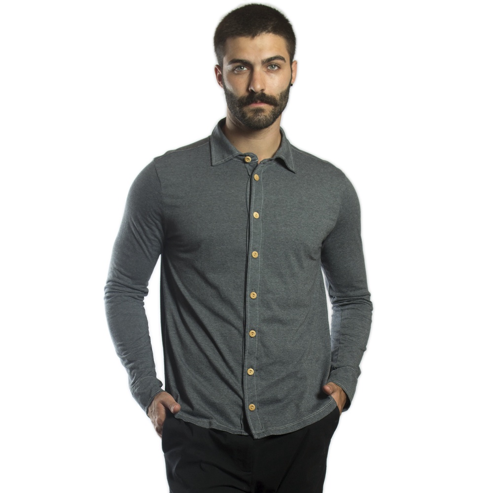 Camisa De Botão Masculina Manga Longa Homem Moderno Modelagem Slim Malha De Garrafa Pet