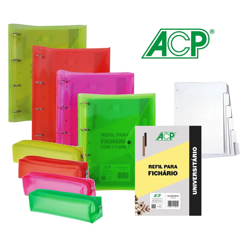 Caderno Fichario Argolado Neon + Bloco + Divisórias + Estojo