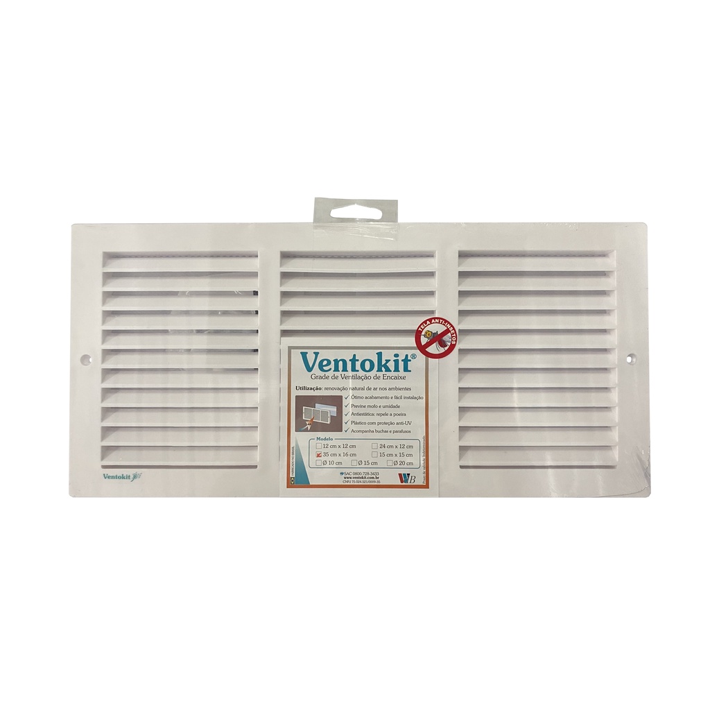 Grade De Ventilação Retangular 35x16 com Tela Anti-inseto Ventokit WdB