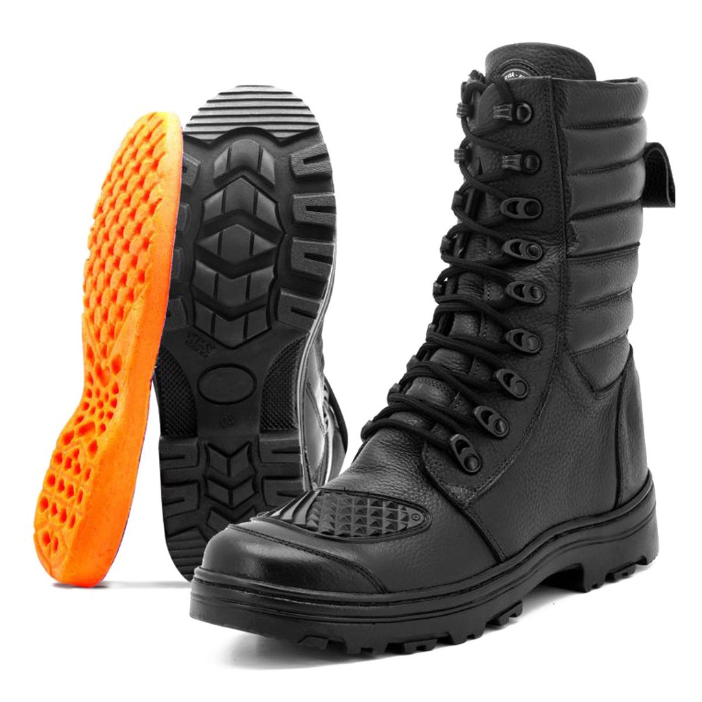 Bota Motociclista E militar de zíper Semi-Impermeável em couro legítimo na cor preta-277
