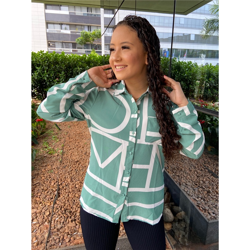 Camisa Feminina Botões Gola Esporte Xadrez Grid Manga Longa