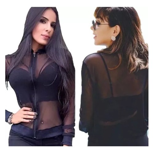 Jaqueta Bomber Casaco Blazer Tule Transparente Zíper Moda