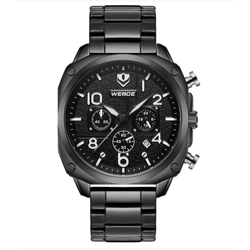Relógio masculino analógico cronógrafo todo funcional inox quadrado preto branco weide wd009