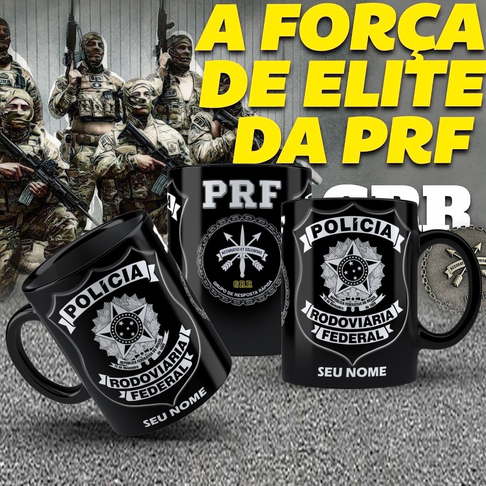 Caneca Preta Polícia Rodoviária Federal PRF GRR Com Seu Nome