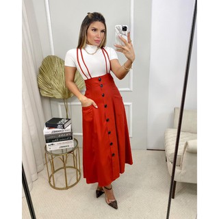 SAIA MIDI COM SUSPENSÓRIO YY8215 botões, bolsos e suspensórios reguláveis/H,helenyfashion