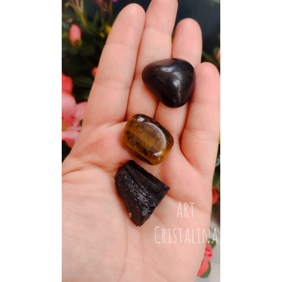 Kit 3 Cristais Para Proteção Pessoal , Onix, Turmalina Negra , Olho de Tigre