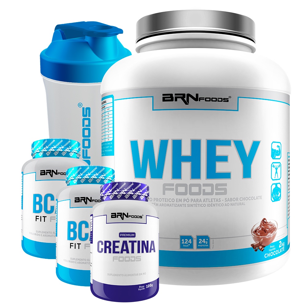 Kit Whey Protein Foods 2kg + 2x BCAA Fit 100g  + Creatine Foods 100g + Coqueteleira – BRNFOODS