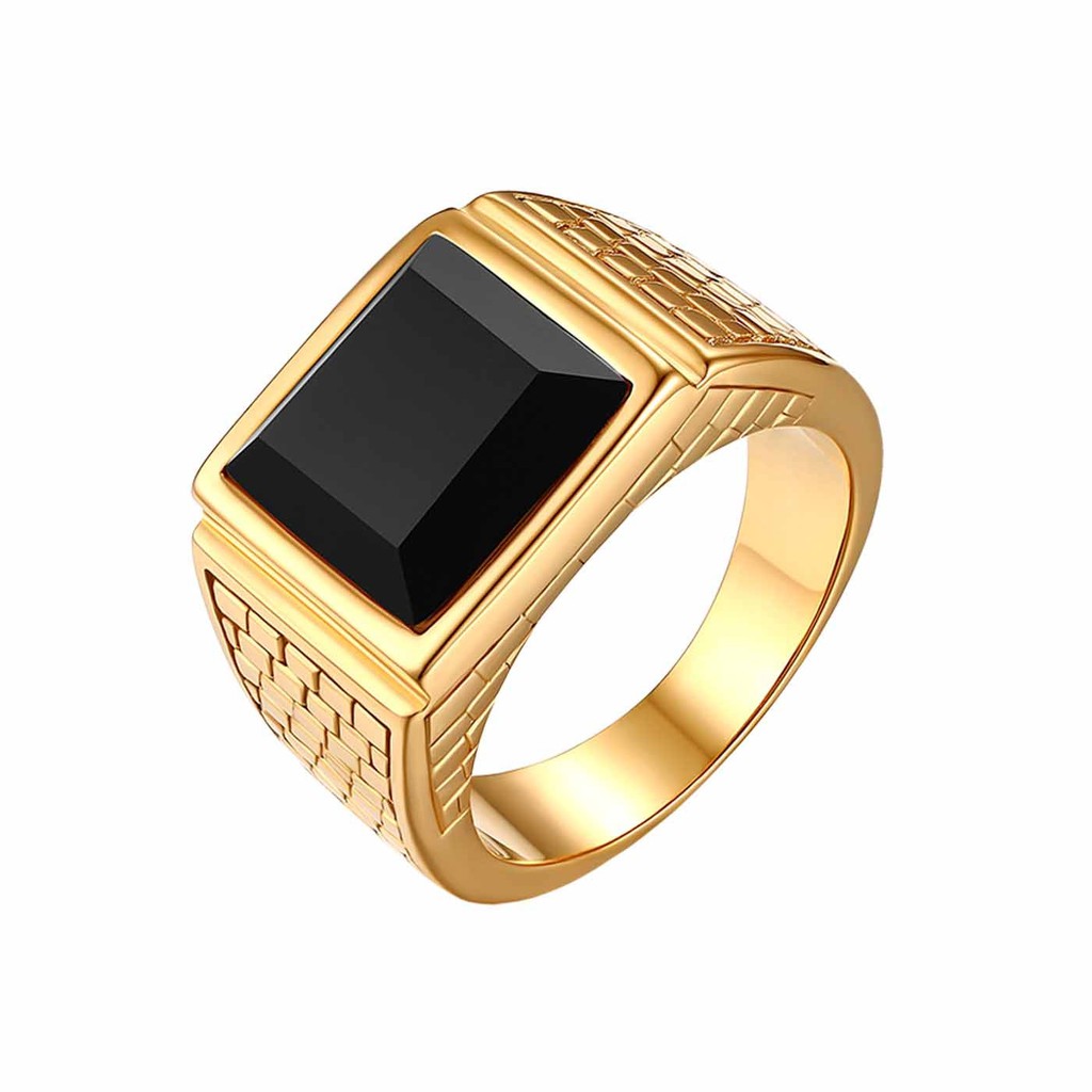 Anel Masculino Comendador Banhado Ouro 18k Pedra Onix Preta Aço Titânio