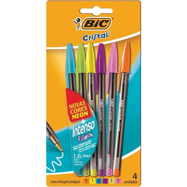 Caneta Bic Cristal 1.6 Ponta Grossa Intenso Fashion c/6 cores