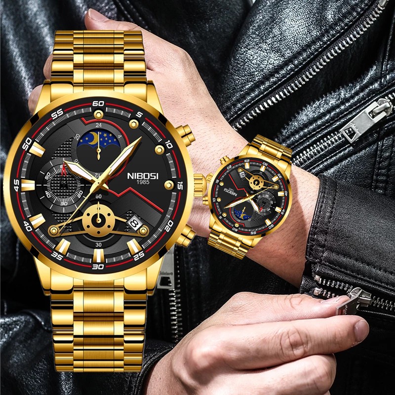 NIBOSI Novos Relógios Masculinos Relógio Casual De Luxo Para Homens Cronógrafo à Prova D'água Relógio De Pulso Esporte Ouro Quartzo