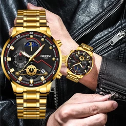 NIBOSI Novos Relógios Masculinos Relógio Casual De Luxo Para Homens Cronógrafo à Prova D'água Relógio De Pulso Esporte Ouro Quartzo