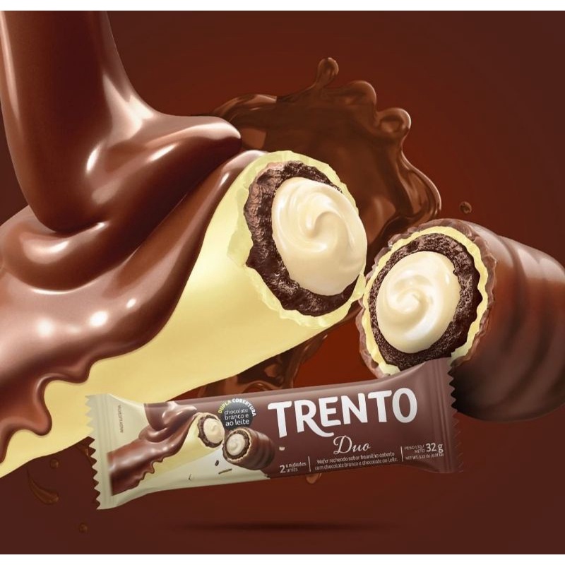 Chocolate Trento Duo,Duplo chocolate, Chocolate Branco+Chocolate ao Leite Display com 16 unidades.