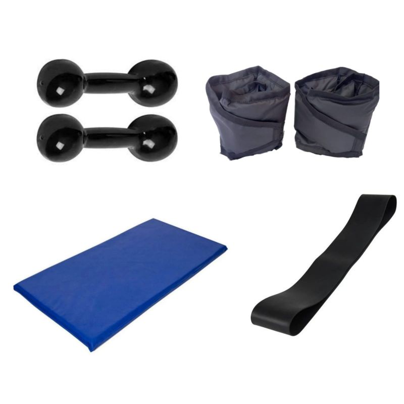 Kit Treino Completo Par Halter 3 Kg + Par Caneleira 3 Kg + Colchonete D24 Grande + Elástico Theraband