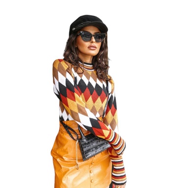 Blusa sueter feminino de tricot xadrez escocês blusa de frio escocesa
