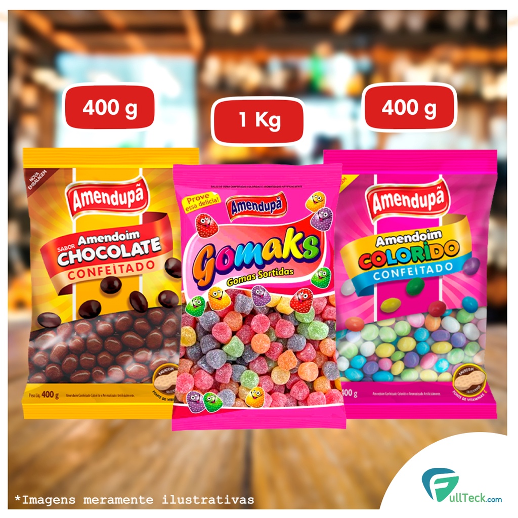 Kit Bala de Goma Gomaks de 1 Kg + Amendoim de Chocolate Crocante 400g + Amendoim Confeitado Crocante Colorido 400g