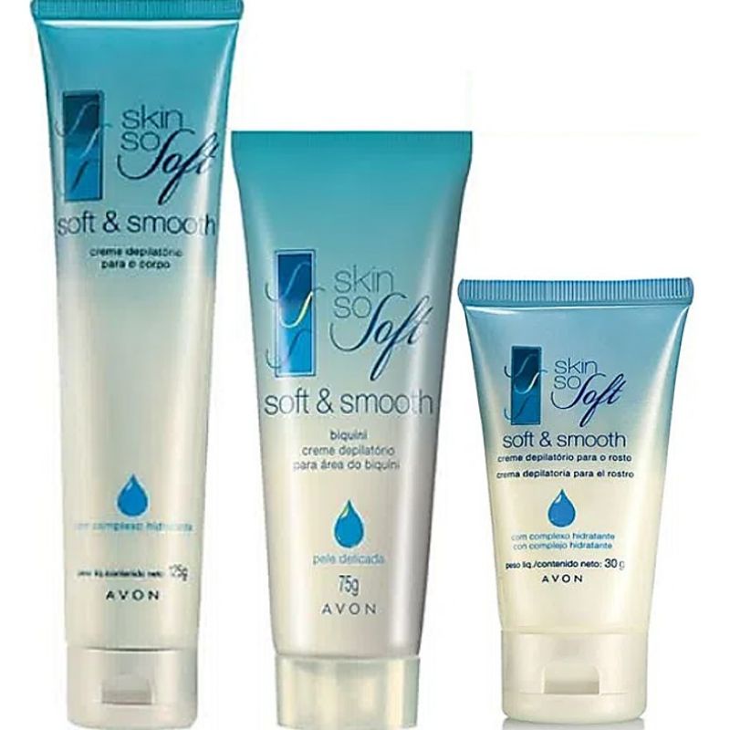 Creme Depilatório, Depilação, Corpo e rosto, área do biquíni. Skin so Soft, Soft & Smooth. Avon.