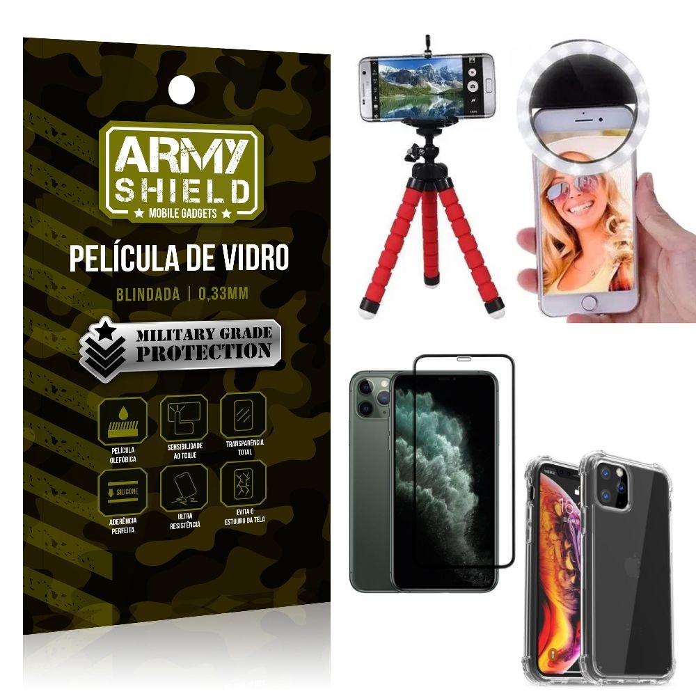Kit Mini Tripé + Selfie Ring Light iPhone 11 Pro Max 6.5 +Capa Anti Impacto +Película 3D