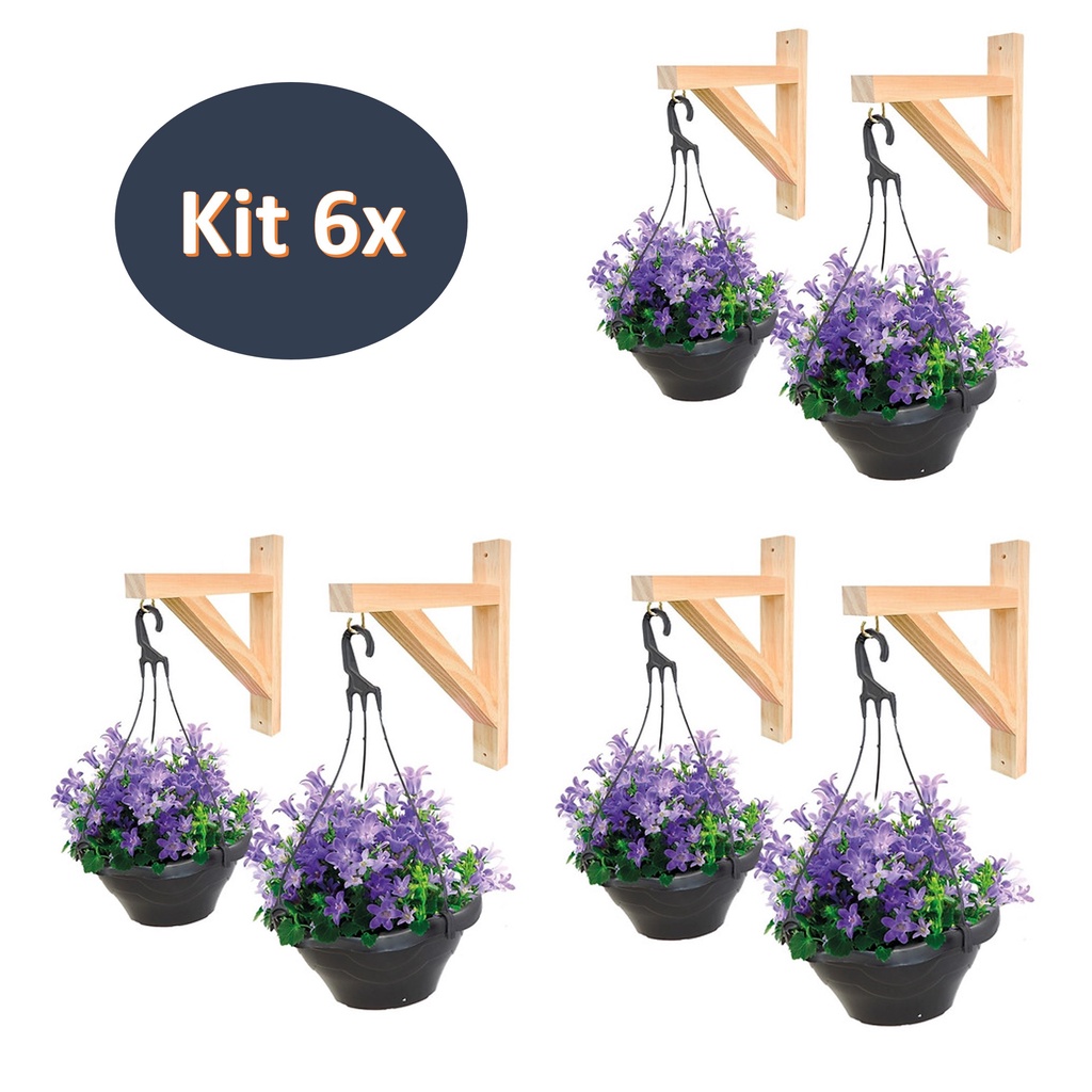 Kit 6 Mão Francesa Suporte Para Plantas em Madeira Pinus 20x20 com Gancho Bucha e Parafuso
