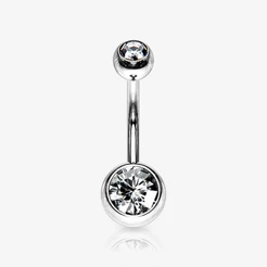Piercing de Umbigo em Aço Cirúrgico Banana Prateado Duplo Strass