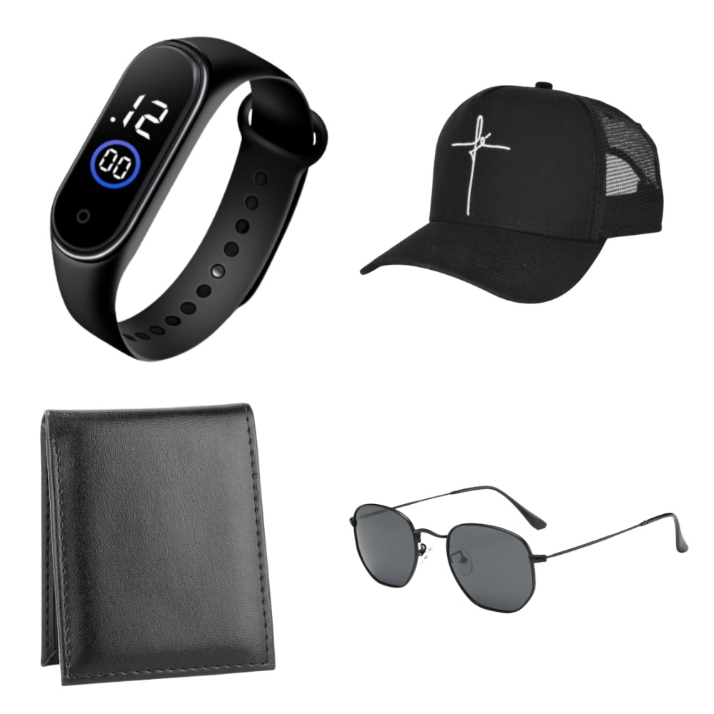 Relógio Led Digital Masculino Pulseira Silicone + Boné Trucker Fé + Carteira Slim + Óculos de Sol Hexagonal