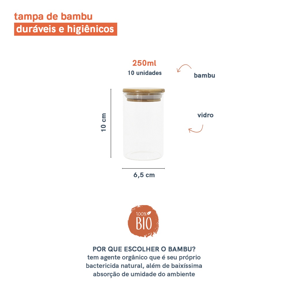 Detalhes do Kit 10 potes de vidro com tampa de bambu herméticos para mantimentos 250 ml - Oikos