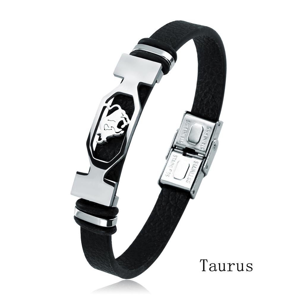 Liujun Mens Bracelets,Fashion 12 Zodiac Signs Constellations Stainless Steel Personality Vintage Punk Black Leather Bracelets for Men Women 