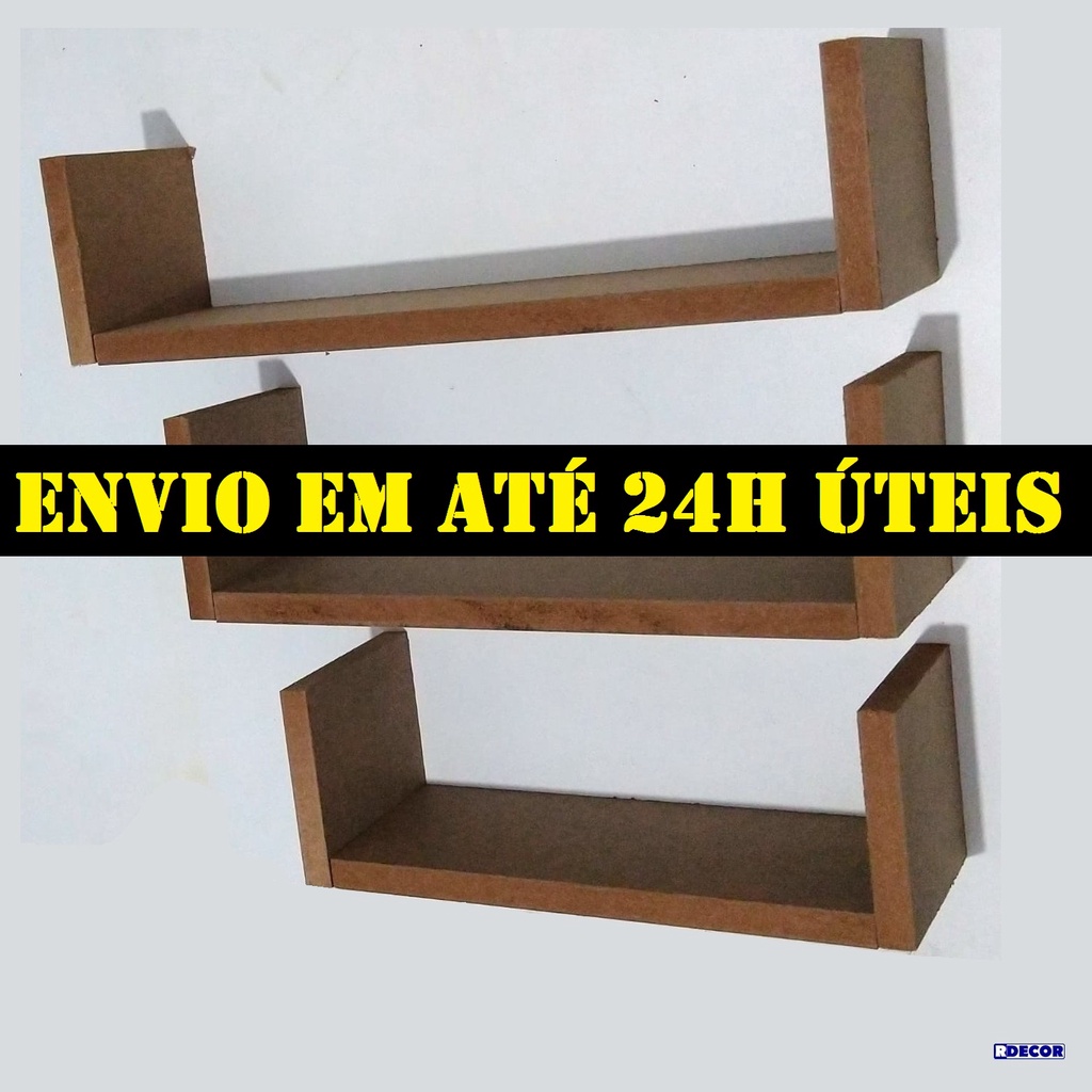 Kit 3 Prateleira Nicho U 40/35/30 X 10 Mdf Cru 15mm Decoração Livros Sala Quarto Para Pintar Decorar