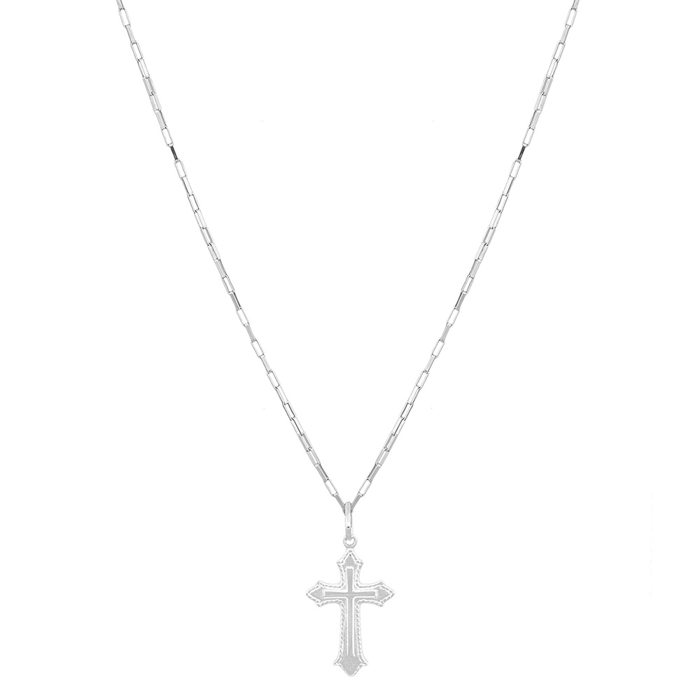 Corrente Cordão Masculino Prata 60cm E Crucifixo Prata 925 Cadeado