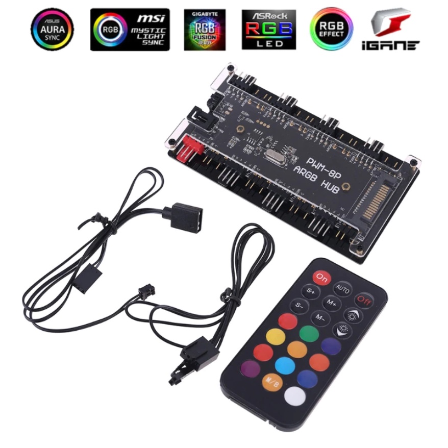 Hub Controlador ARGB 3 Pinos 5V Cooler 3 ou 4 Pinos 8 Fans