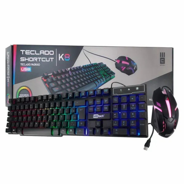 Kit Teclado e Mouse Gamer led Shortcut K8 rainbow MBTech iluminado