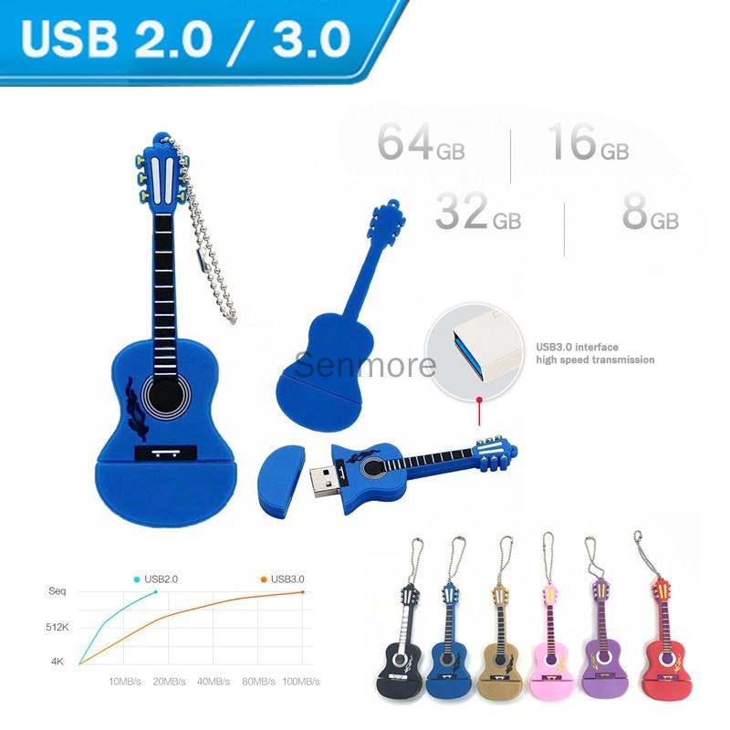 Pen Drives Usb 2.0 1GB 8GB 16GB 32GB 64GB 128GB Memory Stick Armazenamento Forma Guitarra Silicone Flash Drive Memória