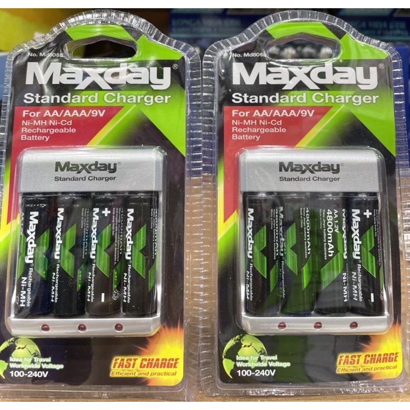 Kit Carregador + 4 Pilhas Aa 4800mah Maxday Recarregável