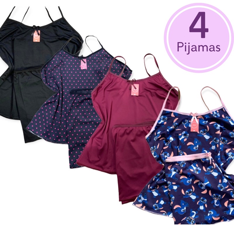 Kit 4 pijama feminino baby doll short doll liso e estampado P ao Plus size moda feminina em Oferta na Shopee