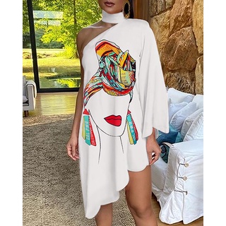 Vestido Feminino Com Babados De Manga Comprida De Um Ombro Só Moda Verão