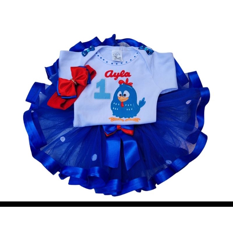 Roupa De Festa Da Galinha Pintadinha azul Royal  E Saia De Tule azul Royal e Body personalizado com nome