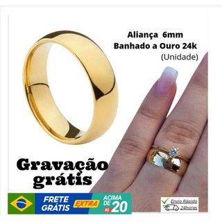 Aliança casamento banho ouro 24k 6mm com nome gravado(unidade)