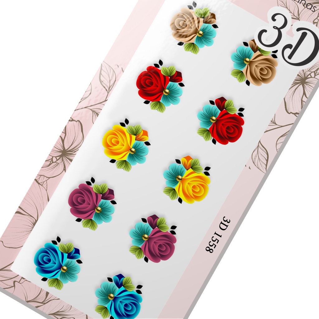Adesivo de Unha 3D-  Rosas ( marrom, vermelha, amarela, vinho ,azul) de carga dupla-3D 1558 em Oferta na Shopee