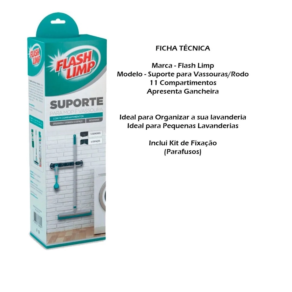 Suporte De Vassouras Rodo C/ Ganchos Flash Limp Reforçado