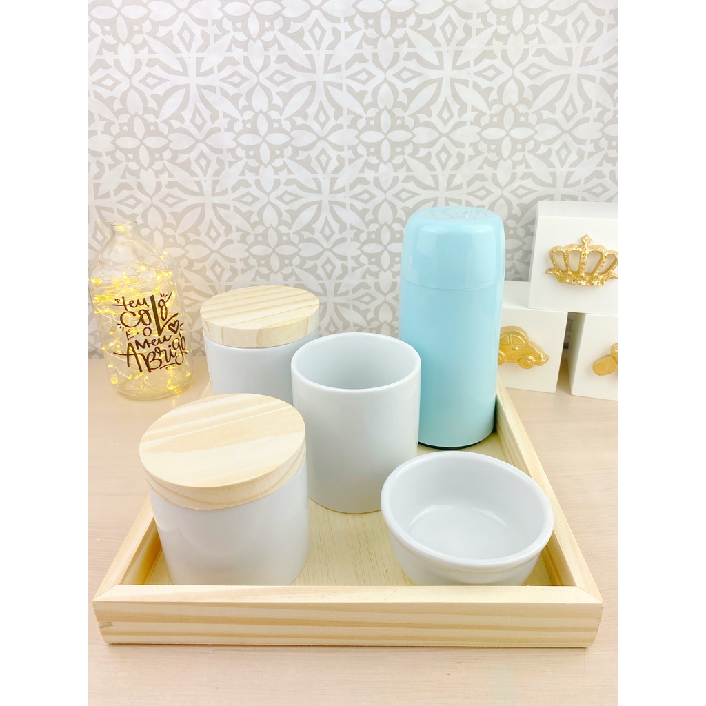 Kit Higiene Bebê Porcelana Potes Garrafa Térmica Rosa Azul Verde Amarela Bandeja Pinus + Brinde