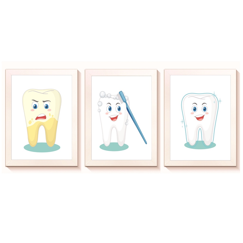 Kit 3 Quadros Decorativos Dentinhos Escovação Decoração Consultório Odontologico Molduras 20x30cm Madeira