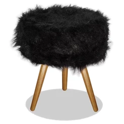 Puff Para Penteadeira Pelúcia, Pelo Alto Preto Black Pés Palito