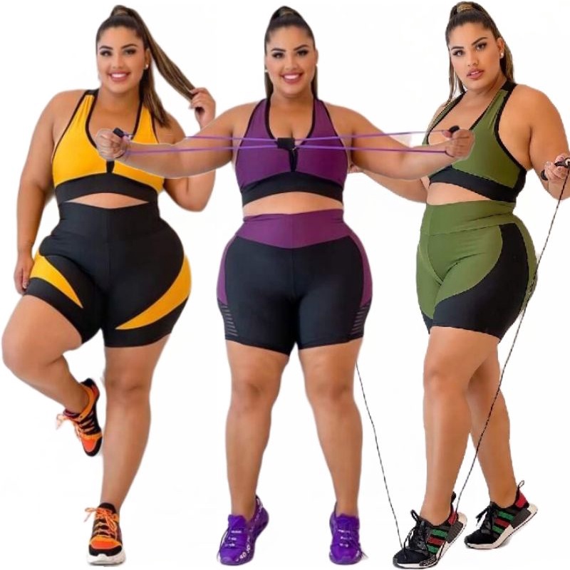 Roupa para academia kit 3 conjunto Plus size short e Top com bojo ...