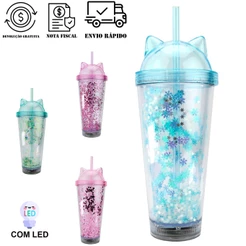 Copo Parede Dupla com Glitter e LED 450 ML com Canudo e Tampa Gato de Plástico