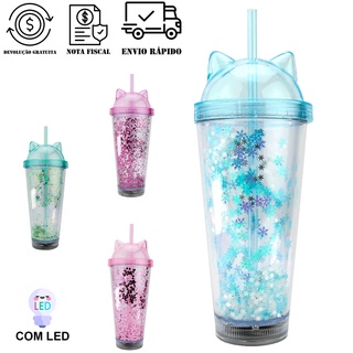 Copo Parede Dupla com Glitter e LED 450 ML com Canudo e Tampa Gato de Plástico