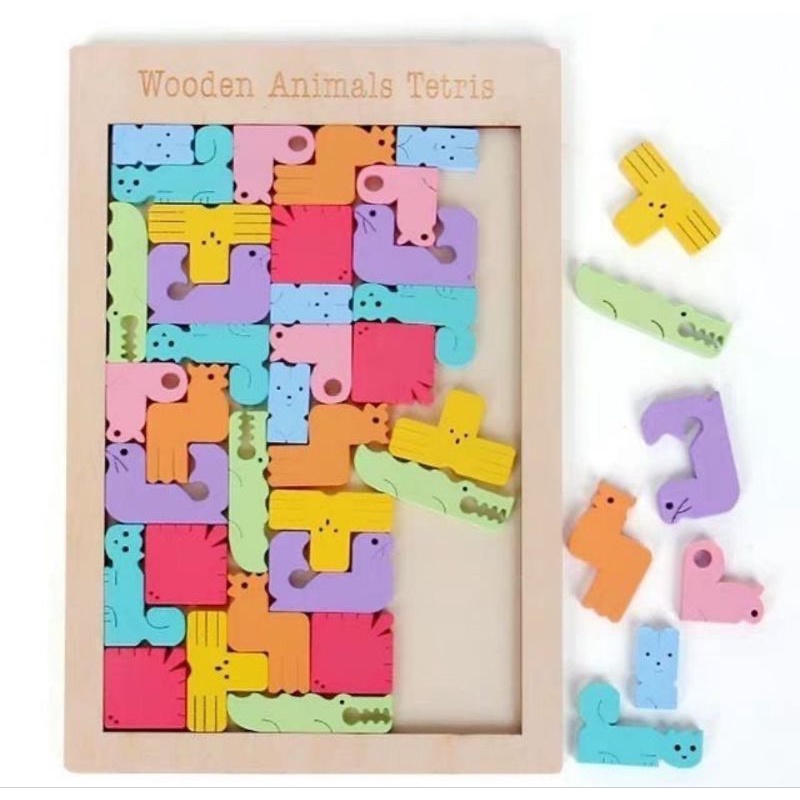 Tetris de madeira Animais, jogo de raciocínio, puzzle, brinquedos educativos, quebra cabeça