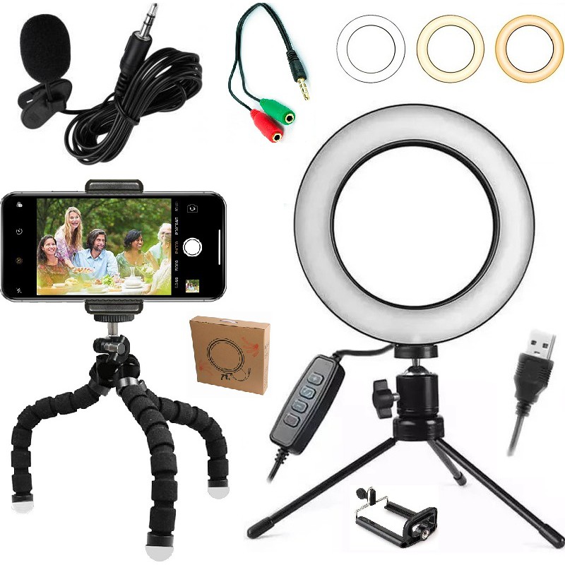 Kit Youtuber Microfone de Lapela Para Celular + Tripé Flexível Smartphone + Luz Led Anel Flash Iluminador Portátil Ring Light Tripé de Mesa Foto Selfie Vídeo Makeup Original Universal