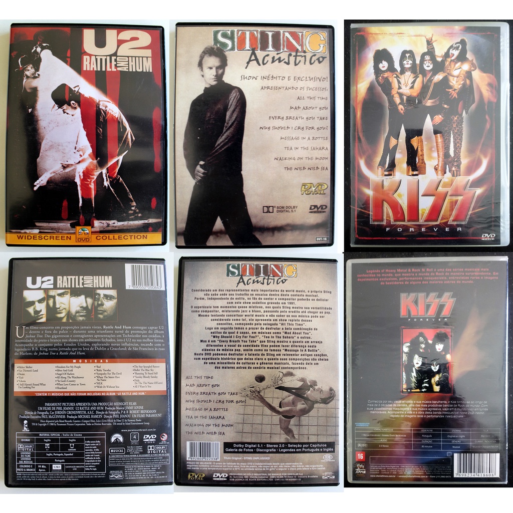 3 Dvds Musicais - U2 Rattle And Hum / Sting Acústico / Kiss forever