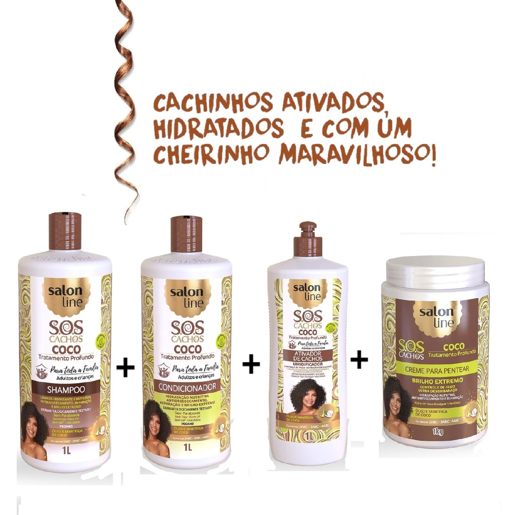 Kit Salon Line Sos Cachos Coco Shampoo Condicionador Creme De Pentear Ativador 1l Shopee Brasil