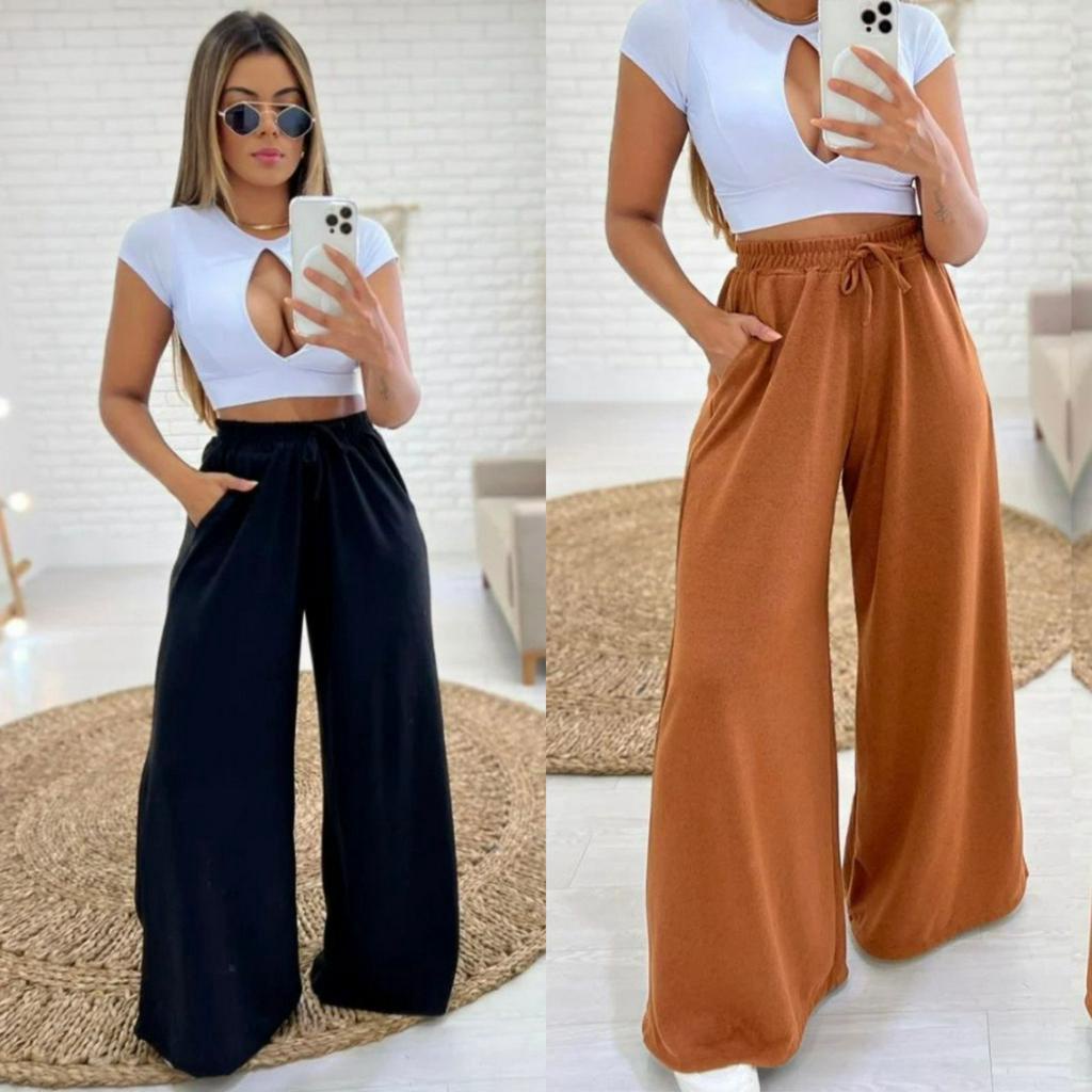 Calça Feminina Pantalona Wide Leg Lanzinha Lã Cintura Alta Moda Inverno Frio Moletinho com Bolso
